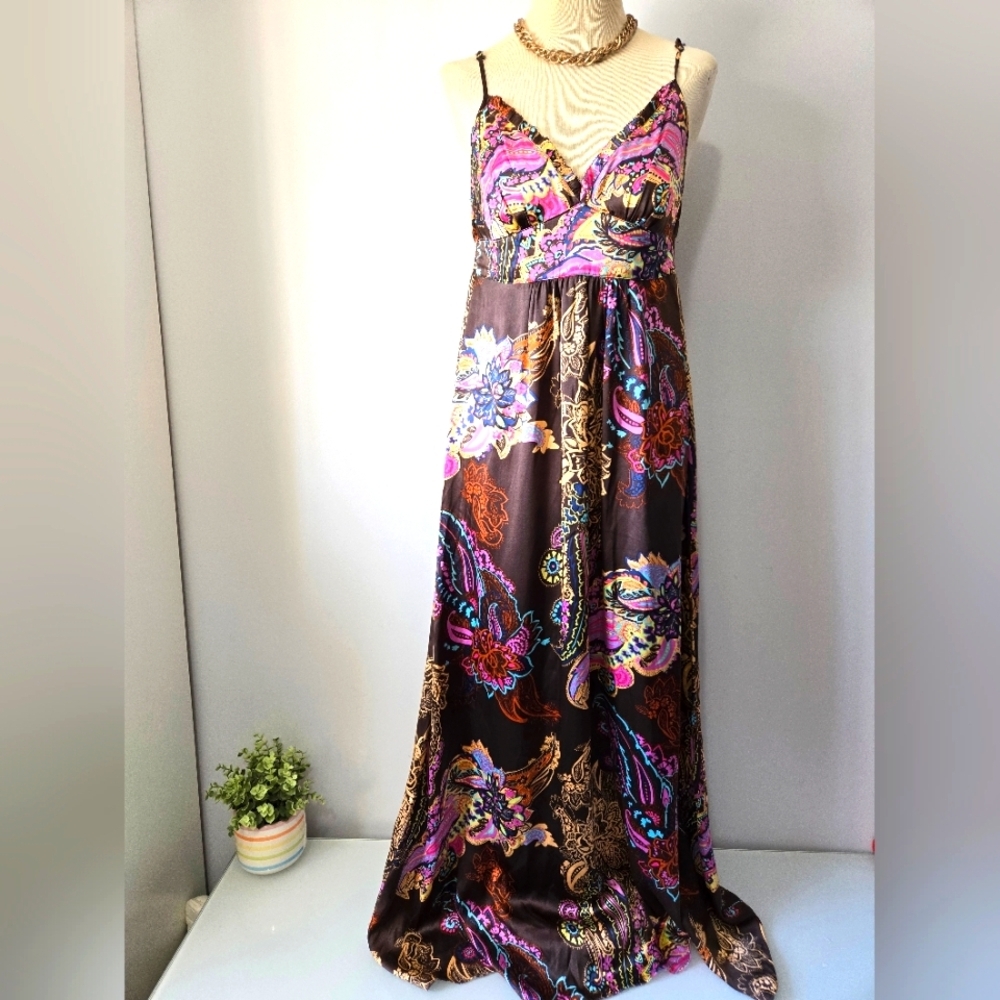 Hinge 100% Silk Vibrant Floral Maxi Dress. Size Small